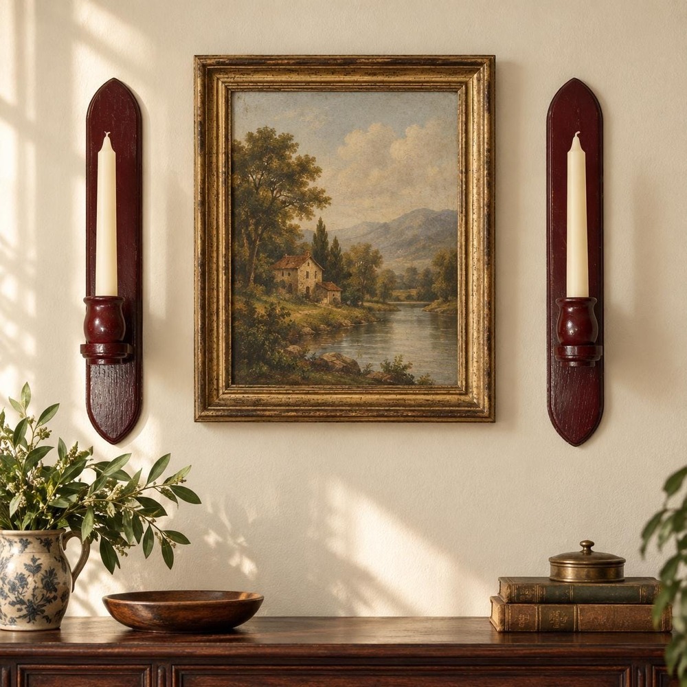 VTG Wood Wall Candle Sconces Pair Burgundy Taper Holders Colonial Traditional